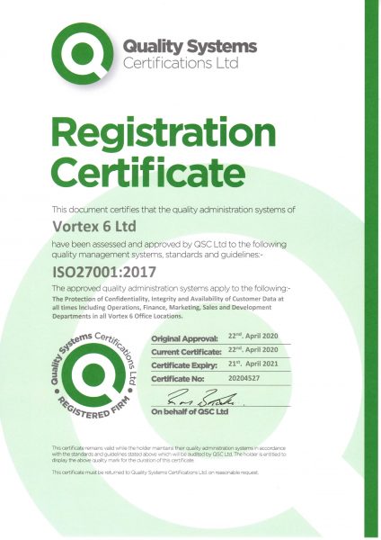 Vortex 6 achieved the ISO 27001: 2017 certification.